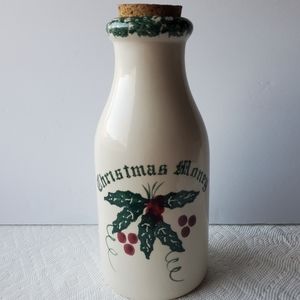 Vintage Crock Shop Santa Ana Christmas  Money 9" Jug with Cork Lid Bank.